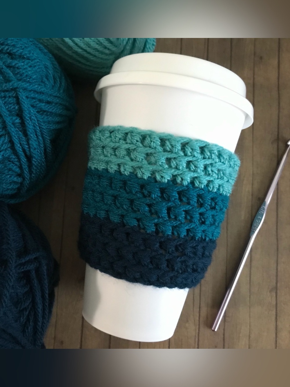 Handmade Crochet Coffee Cup Cozy Teal Ombré Coffee Sleeve